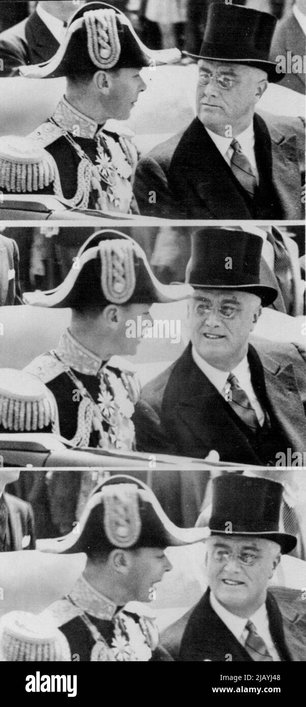 Re George e il presidente Roosevelt sono ormai vecchi amici: Momenti seri sono venuti tra i sorrisi come King Gorge e il presidente Roosevelt Drive Pennsylvania Avenue a Washington il 8 giugno, perché sono i capi dei due paesi più grandi del mondo. Giugno 22, 1939. (Foto di stampa associata). Foto Stock