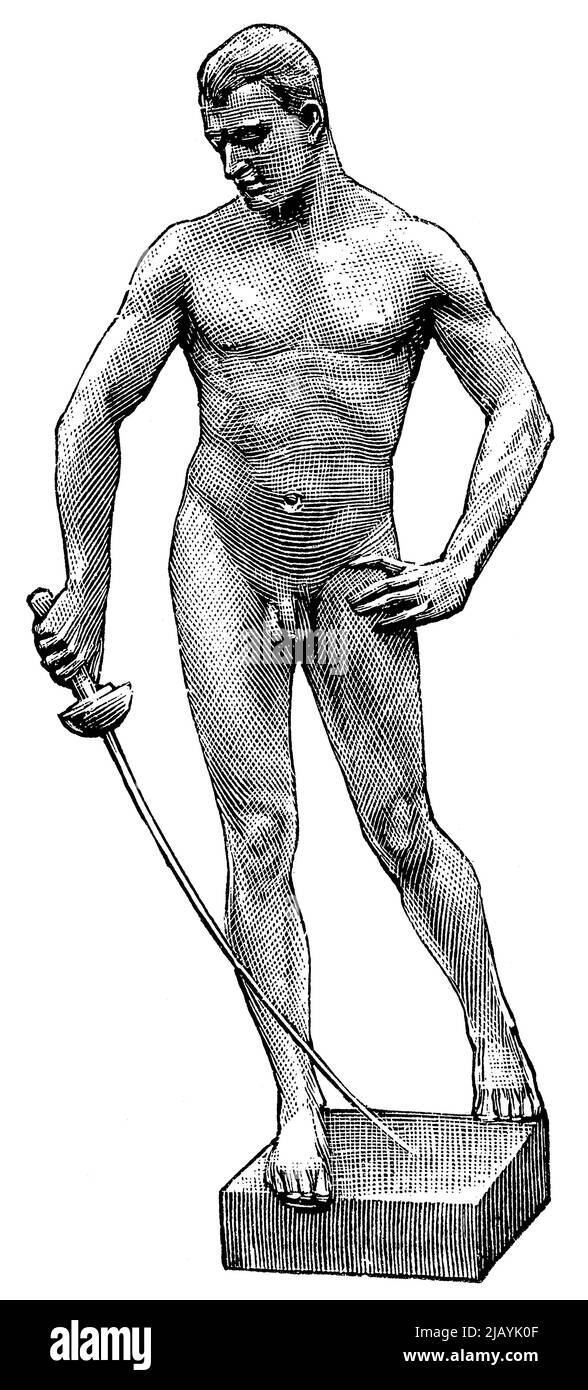 Una scultura in bronzo di un uomo spada di uno scultore tedesco Hugo Lederer. Pubblicazione del libro 'Meyers Konversations-Lexikon', Volume 2, Lipsia, Germania, 1910 Foto Stock