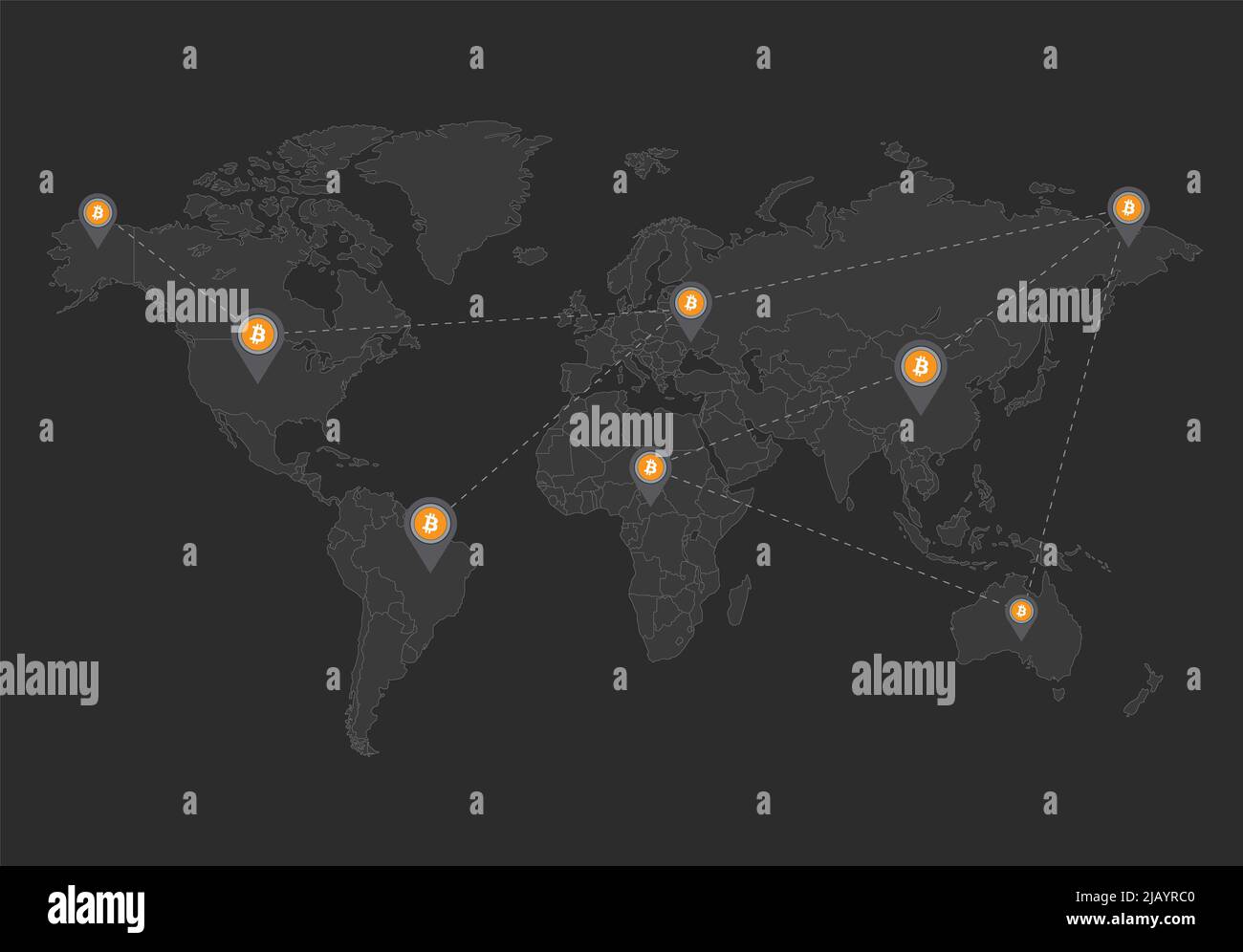Mappa del mondo, rete bitcoin e puntatore di posizione, disegno sfondo nero scuro raster lavagna Foto Stock