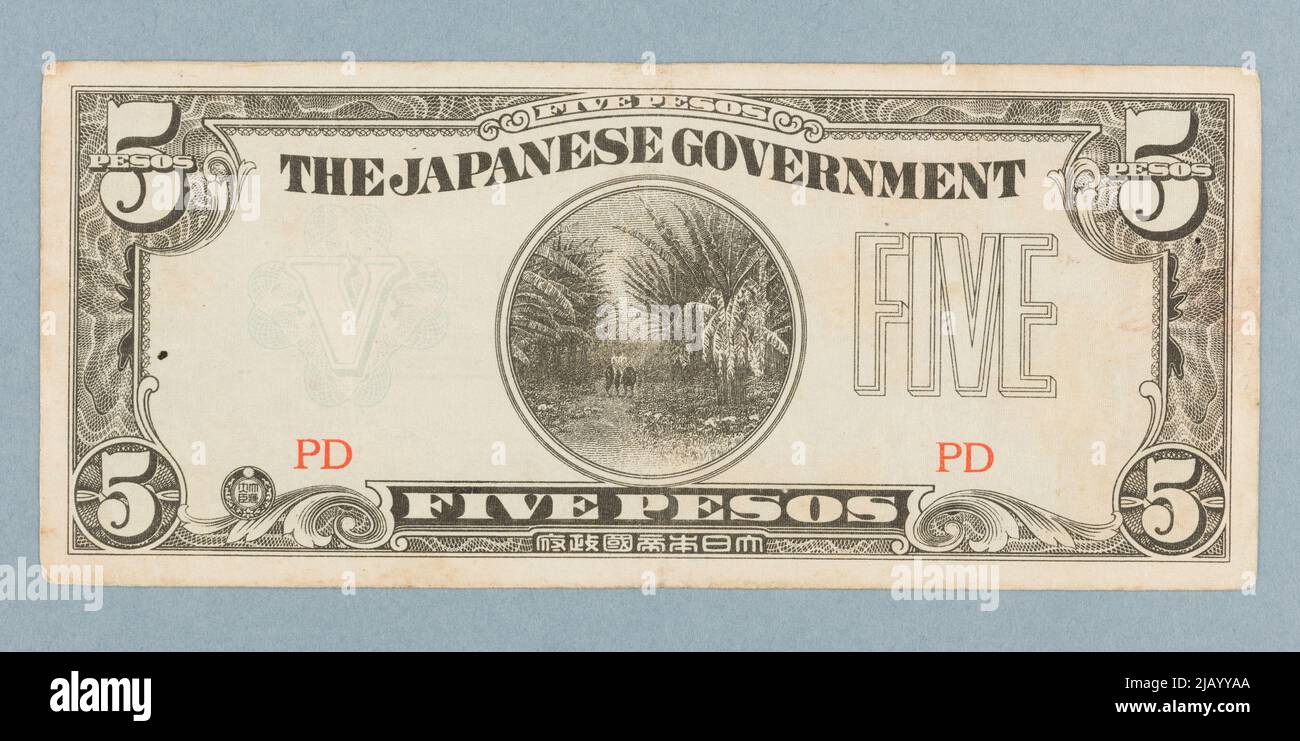 Banche per 5 pesos, occupazione giapponese seconda guerra mondiale, Filippine, B.R. (1942) Foto Stock