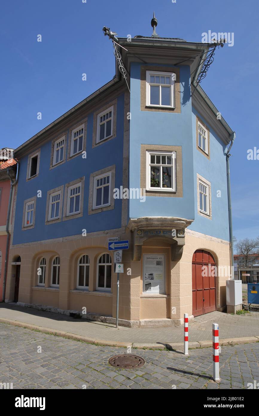 Casa d'angolo a Jüdengasse a Bad Langensalza, Turingia, Germania Foto Stock