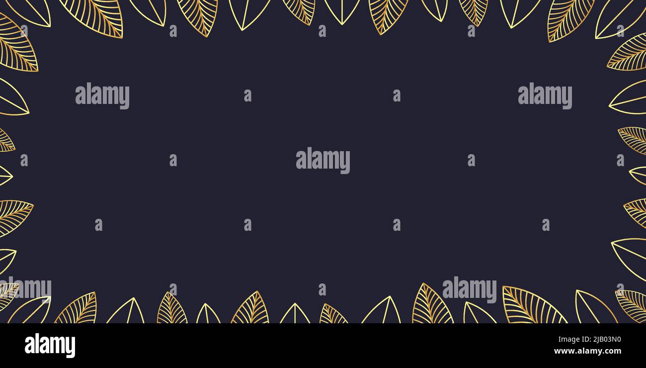 Elegante cornice con foglie dorate su sfondo blu scuro. Biglietto d'auguri floreale o disegno vettoriale banner sociale. Illustrazione Vettoriale