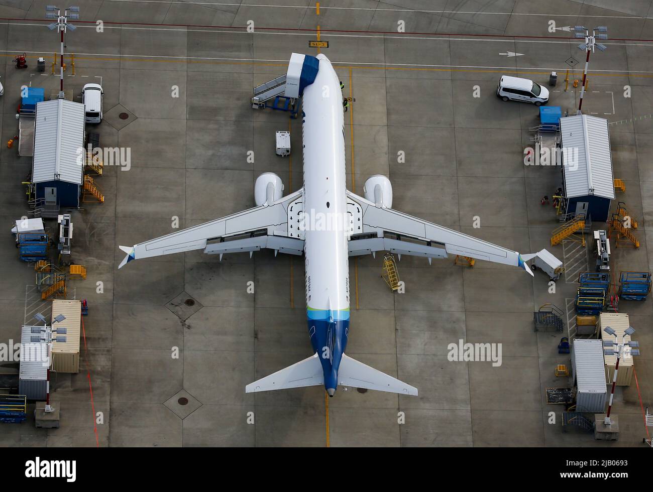 Una vista aerea di un Boeing 737 MAX aereo parcheggiato al King County International Airport-Boeing Field a Seattle, Washington, U.S, 1 giugno 2022. REUTERS/Lindsey Wasson Foto Stock