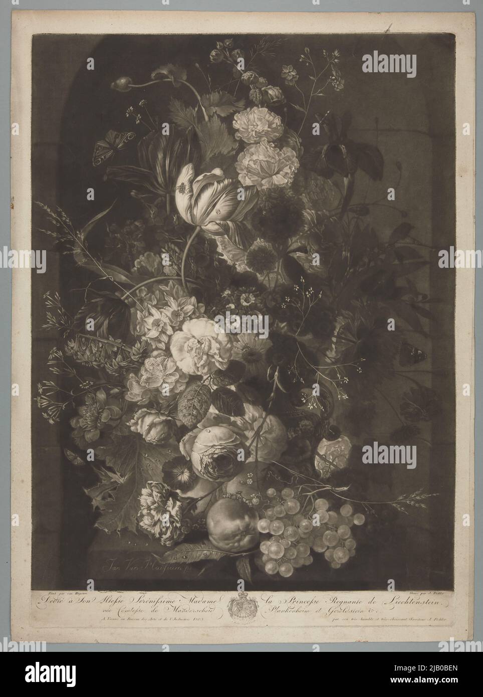 Composizione con natura ancora floreale e fruttata un bouquet di fiori e frutta in una nicchia di pietra (secondo Jan Van Huysum, 1682 1749) Pichler, Johan Peter (1765 1807), husysum, Jan van (1682 1749) Foto Stock