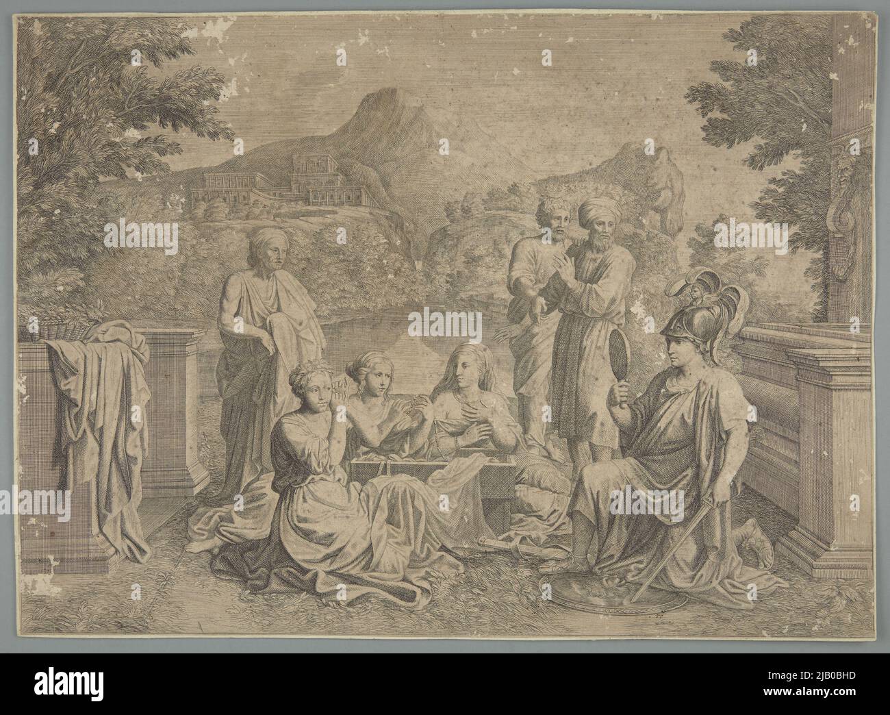 Figural (mitologico sulla terrazza, sullo sfondo del paesaggio montagnoso, un gruppo di personaggi femminili (insieme alla dea Minerva forte dalle gemme rimosse dal petto. Sconosciuto Foto Stock