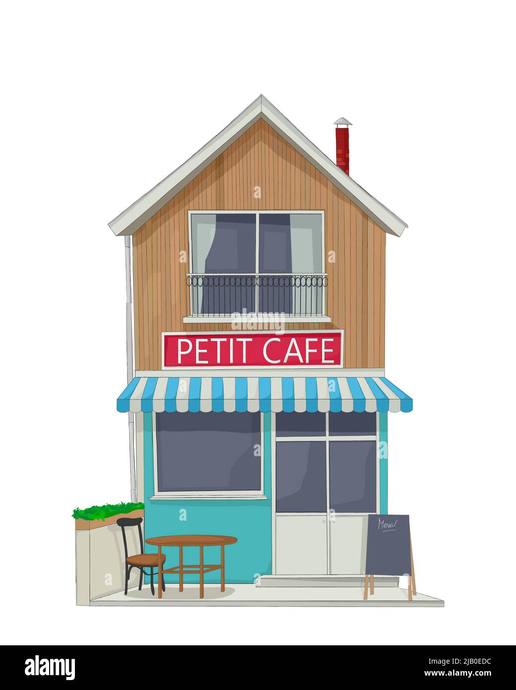 Vista sulla strada di un piccolo caffè della strada con terrazza, menu board, tavolo e sedia, schizzo vettoriale Illustrazione Vettoriale