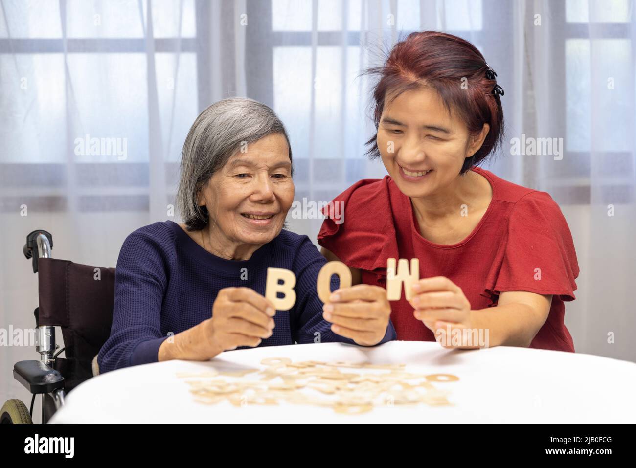Donna anziana che gioca giochi alfabetici per migliorare la salute mentale e la memoria con la figlia Foto Stock