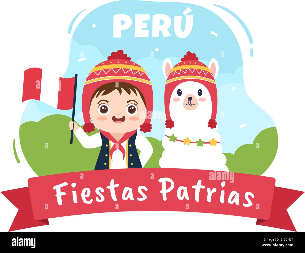 Felices Fiestas Patrias o Peruvian Independence Day Cartoon Illustrazione per festa nazionale Perù Celebration il 28 luglio in stile piatto Illustrazione Vettoriale