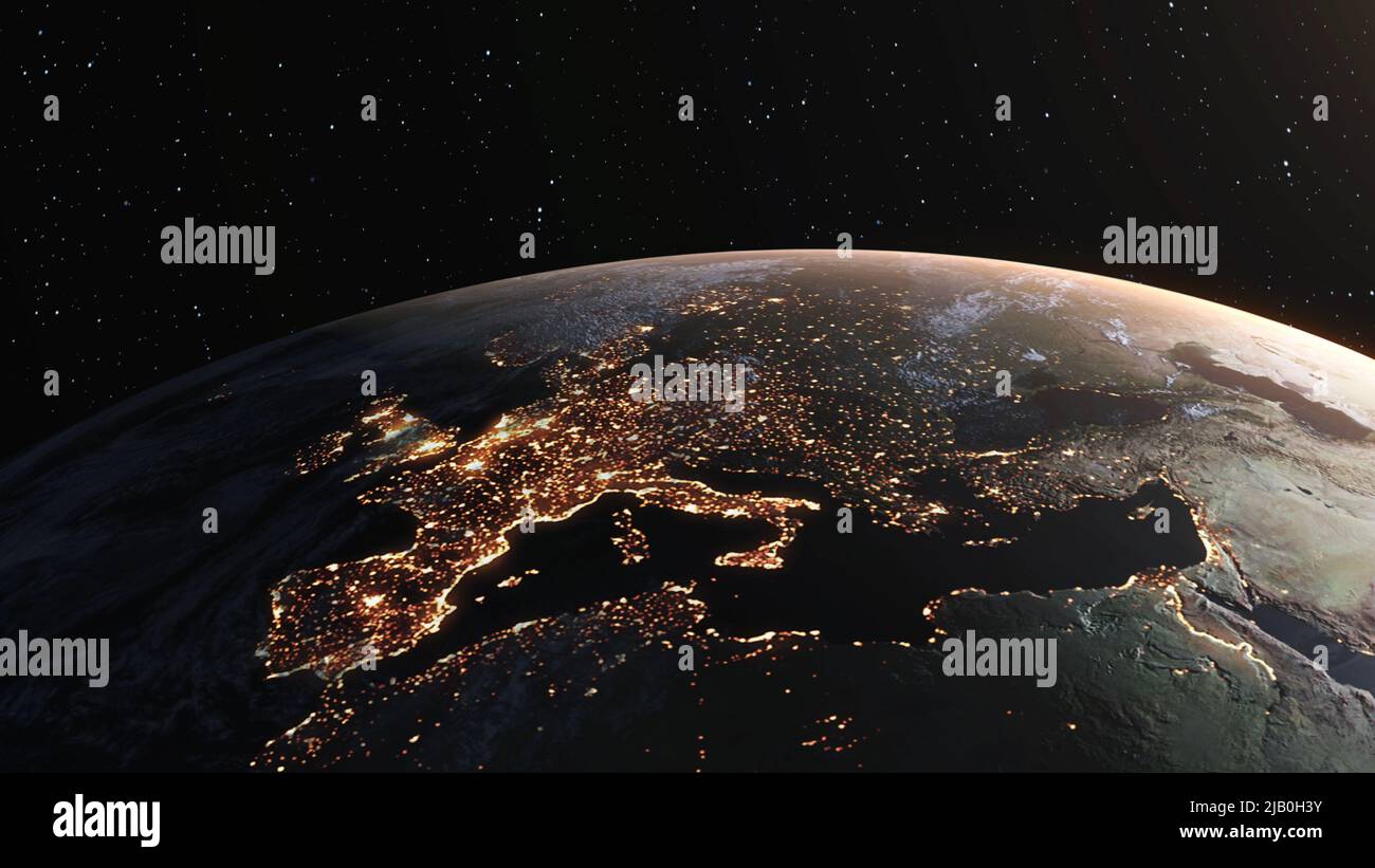 Pianeta terra con superficie geografica realistica e orbitale 3D nube atmosfera . Vista spaziale esterna della sfera mondiale dei continenti . 3D rendering Foto Stock
