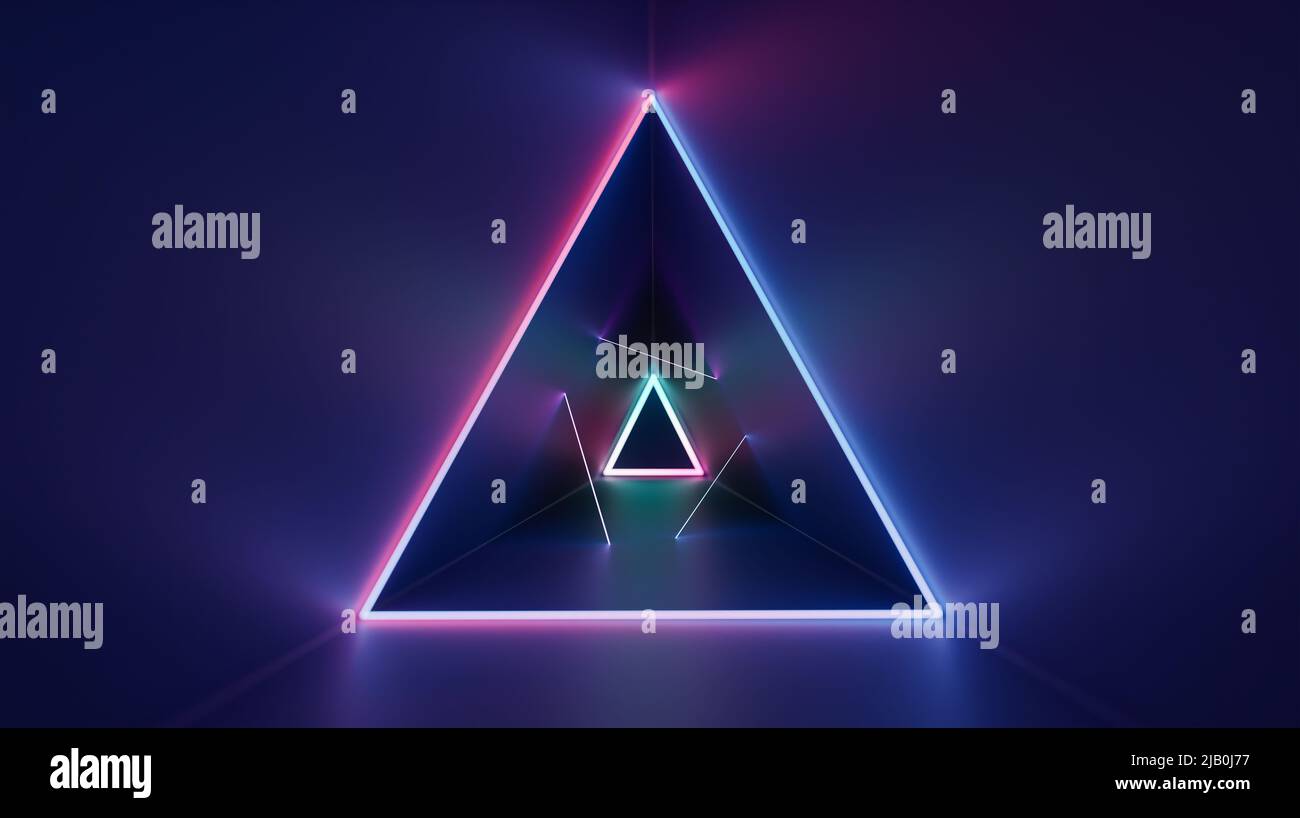 Sfondo a forma triangolare astratta con colori brillanti al neon a raggi laser triangolari. 3d rendering Foto Stock