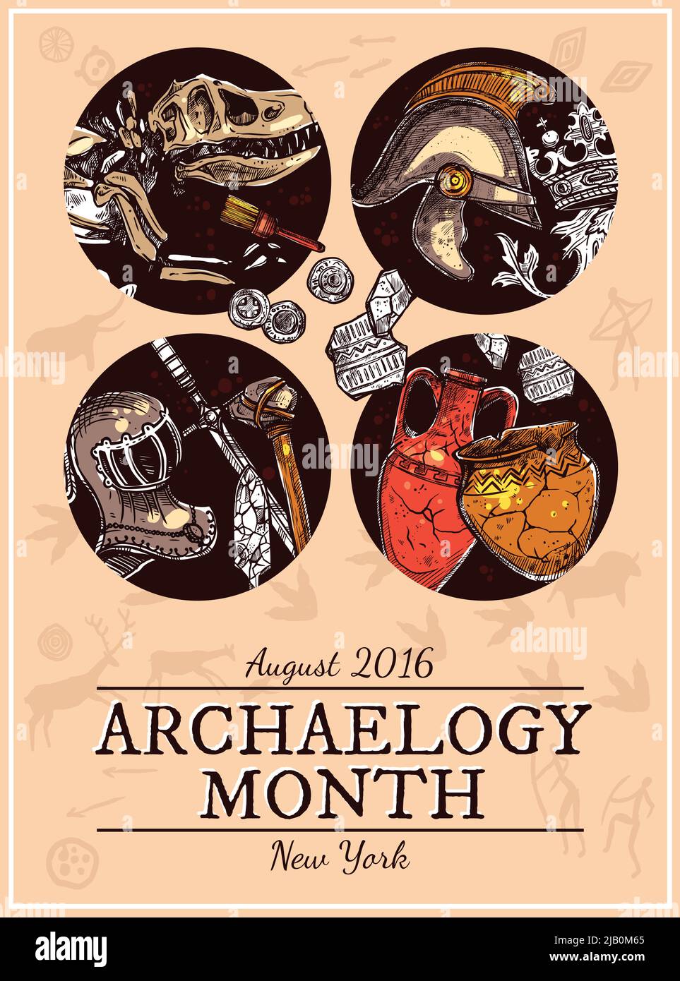 Poster di archeologia schizzo disegnato a mano con armatura e scheletro di antiche immagini animali illustrazione vettoriale Illustrazione Vettoriale