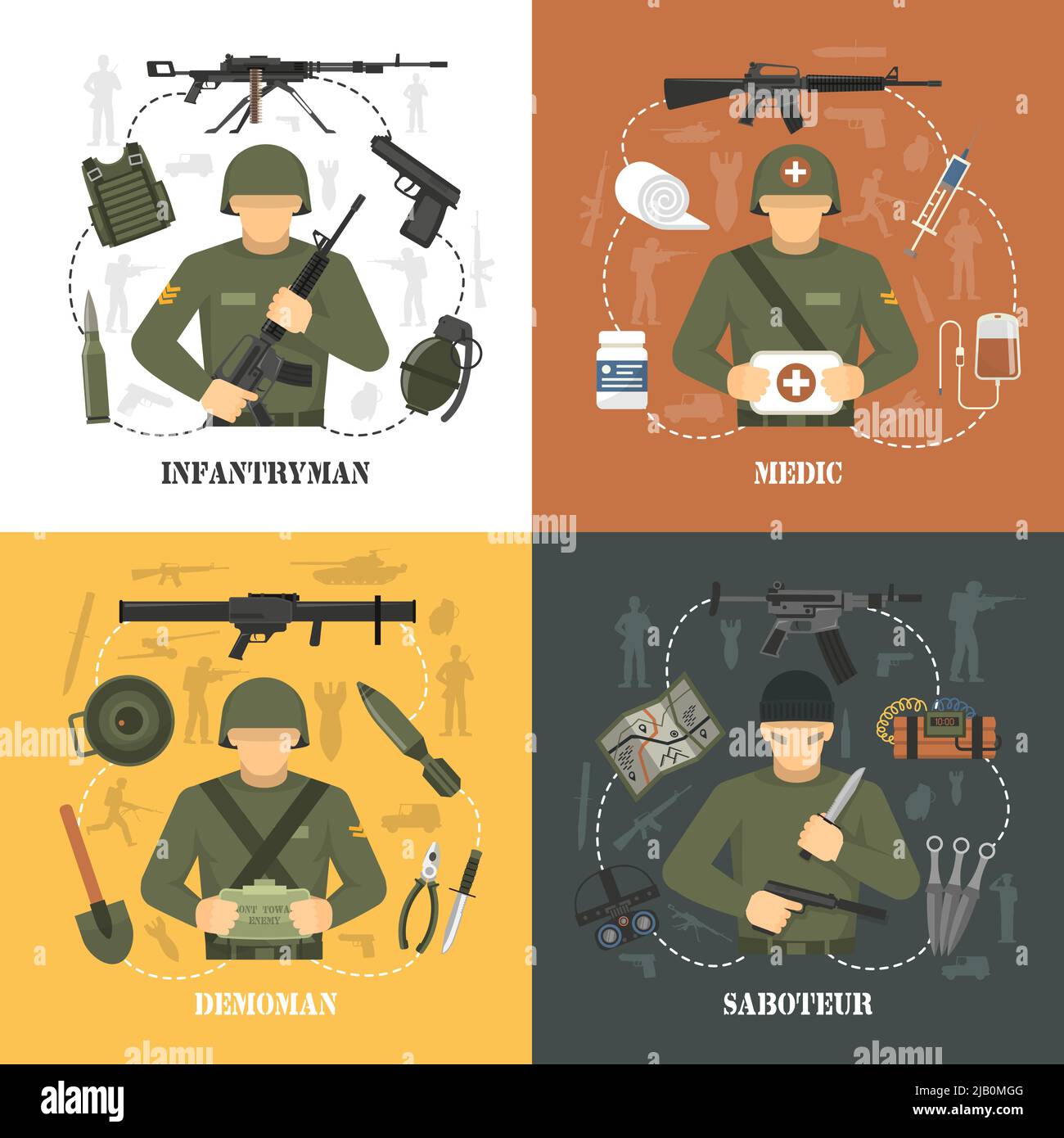 Militare esercito guerra videogiochi personaggi 4 icone piatte quadrato con saboteur e demoman isolato vettore illustrazione Illustrazione Vettoriale
