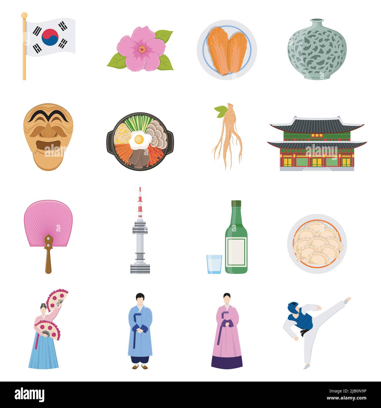Simboli culturali coreani collezione di icone piatte con cucina tradizionale abbigliamento giochi sportivi e monumenti isolato vettore illustrazione Illustrazione Vettoriale