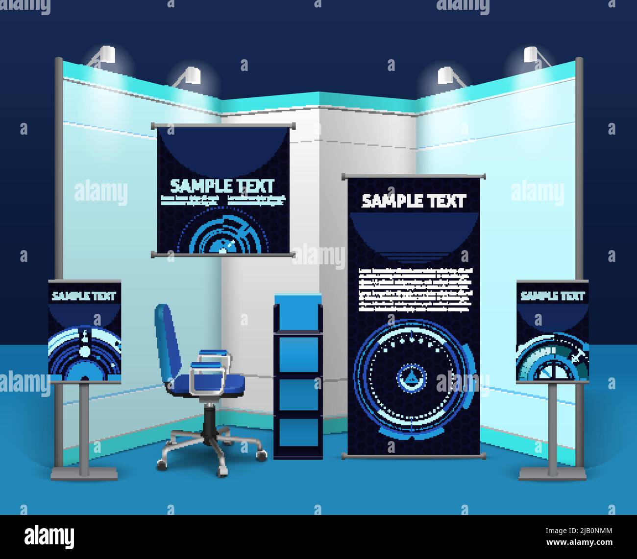Modello di stand promozionale con oggetti pubblicitari ed elementi in stile aziendale blu illustrazione vettoriale isolata Illustrazione Vettoriale