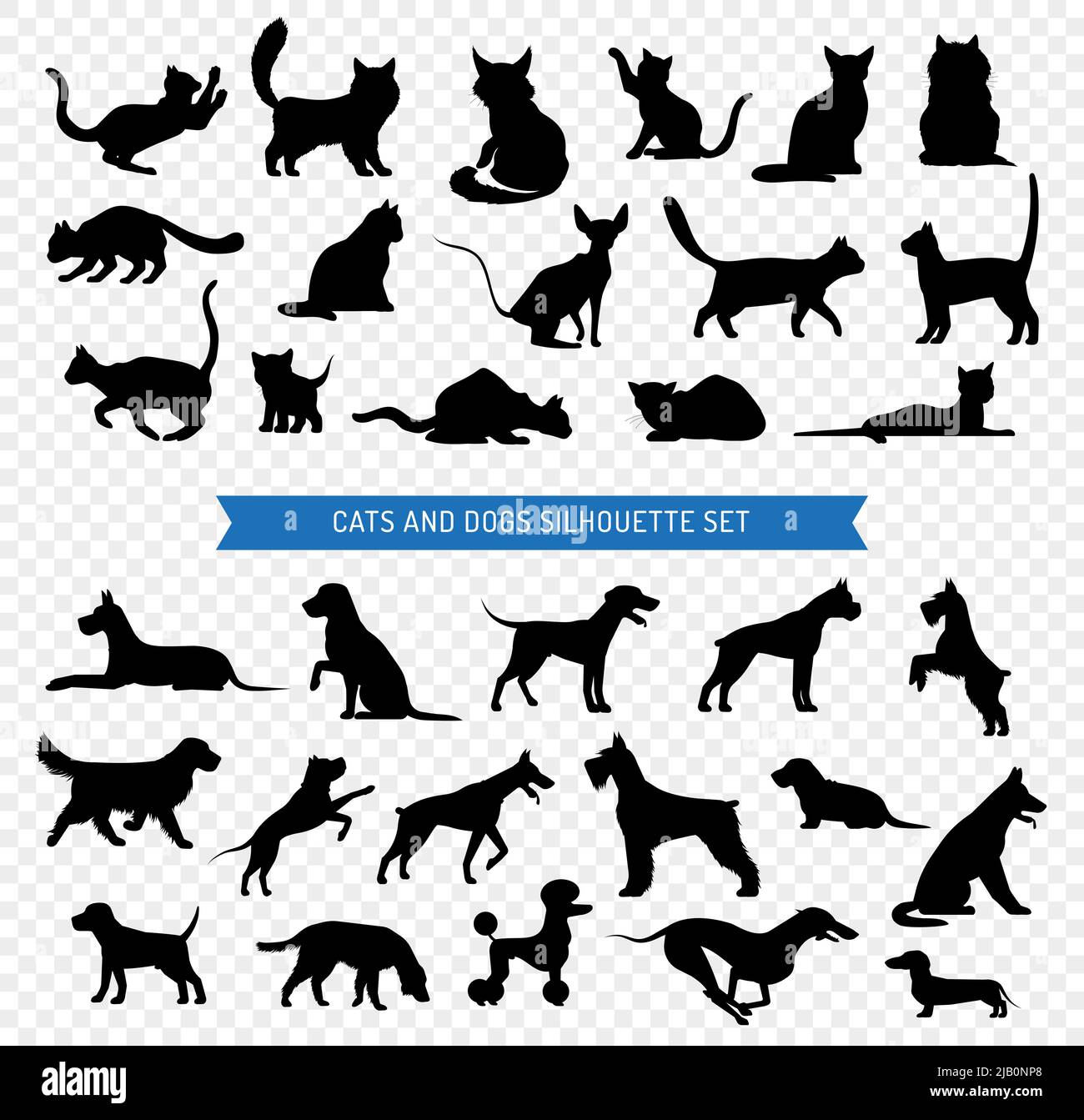Silhouette nera di diverse razze di cani e gatti su sfondo trasparente illustrazione vettoriale isolata Illustrazione Vettoriale
