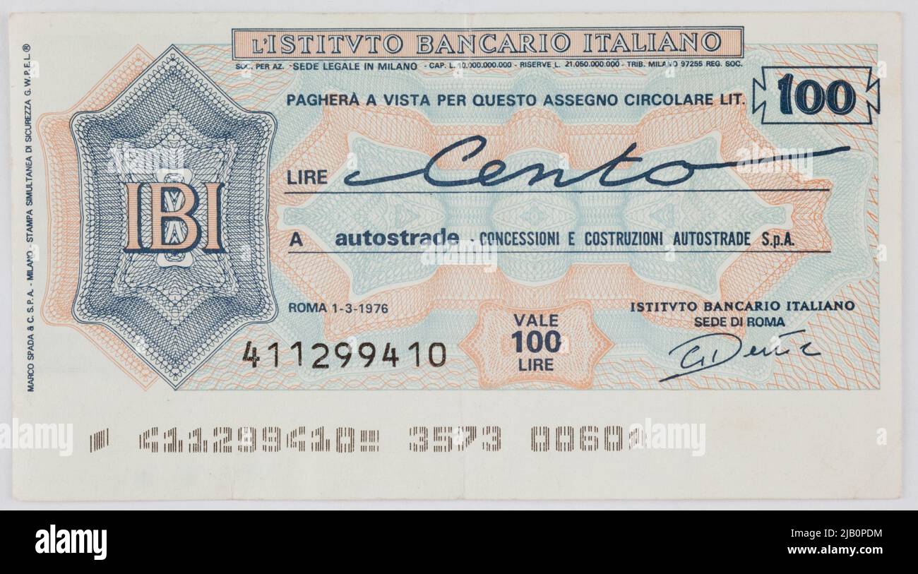 Banca (assegno circolare) per 100 lire, la banca italiana Ysitvto, Italia, Roma, 1.03.1976. Marco Spada e C.S.P.A. Milano Foto Stock