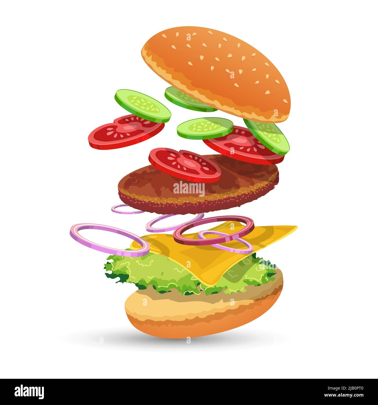 Hamburger ingredienti food set di pane pomodoro cetriolo cipolla carne formaggio emblema di lattuga illustrazione vettoriale Illustrazione Vettoriale