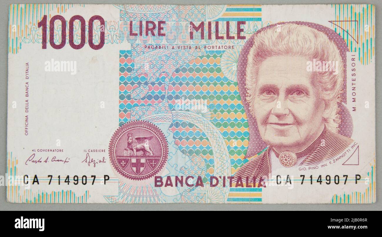 Banconota da 1000 lire; Italia, d.. 1990 laboratorio della Banca, Roma Foto Stock