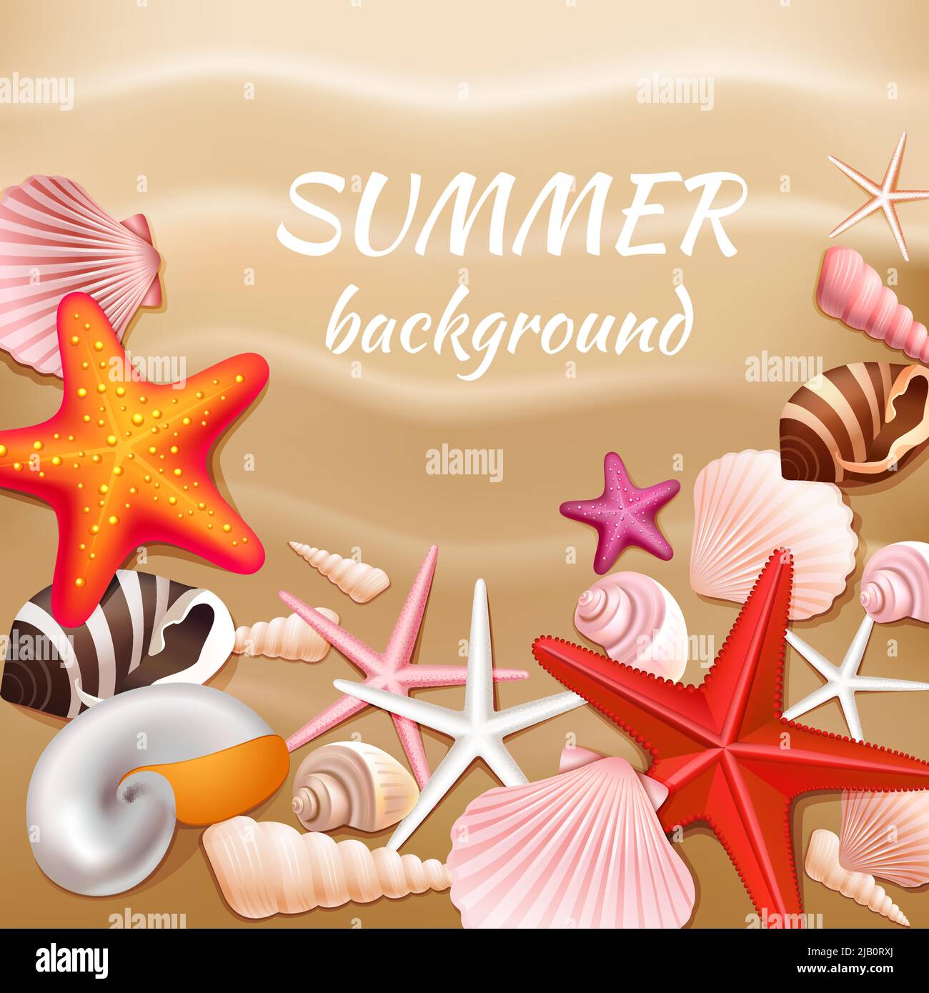 Conchiglie e stelle sulla sabbia beige estate sfondo illustrazione vettoriale Illustrazione Vettoriale