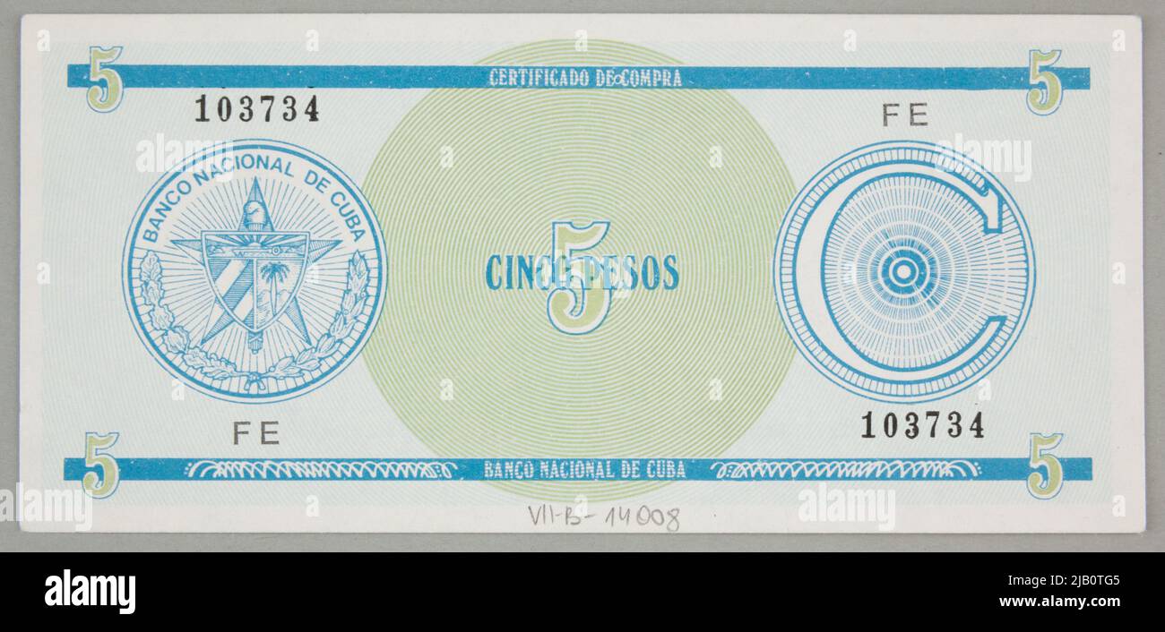 Certificato di valuta per banconote da 5 pesos; Kuba, B.R. (1986) Foto Stock