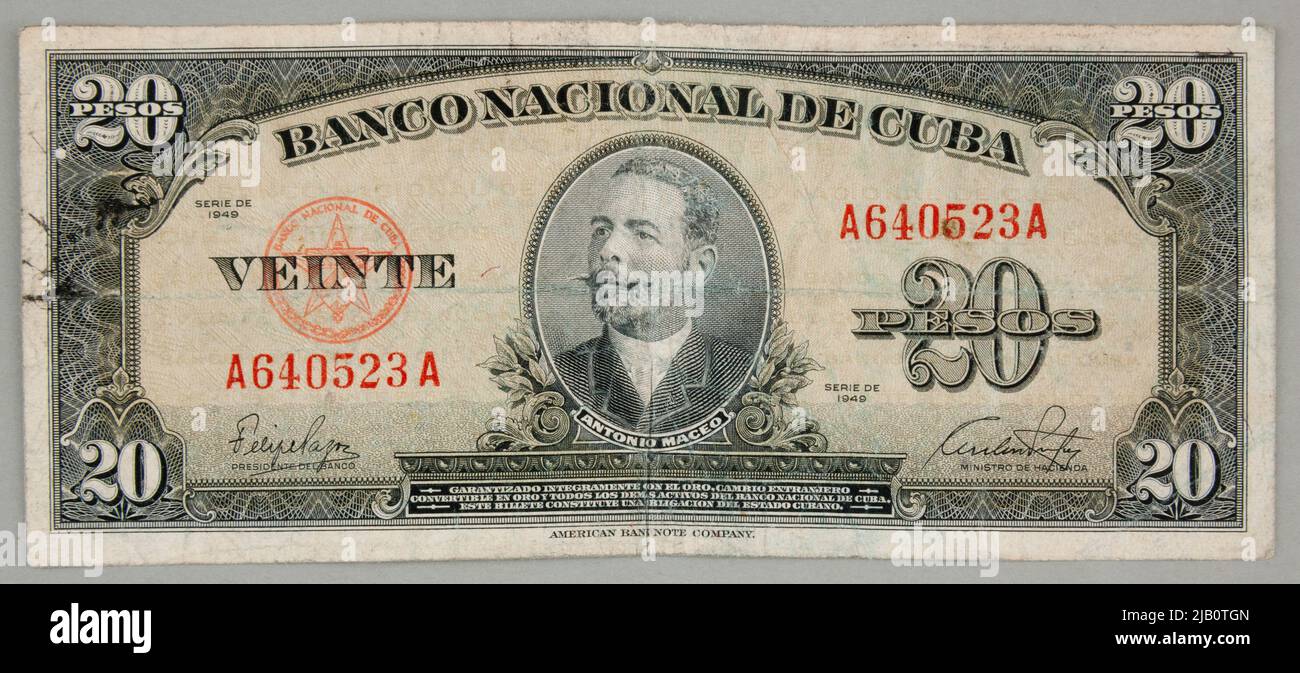 Banknot Na 20 pesos; Kuba, 1949 r. Mennica American Bank Note Company Foto Stock