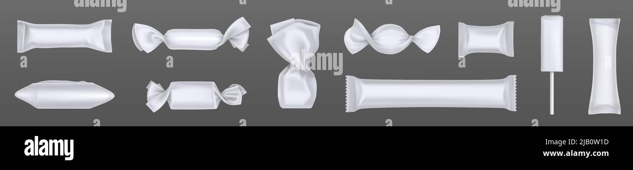 Confezioni bianche di caramelle e cioccolatini, 3D confezioni di plastica bianca. Mockup vettoriale realistico di impacchi dolci, modello vuoto di impacchi per bonbon, snack e caramelle di zucchero duro Illustrazione Vettoriale