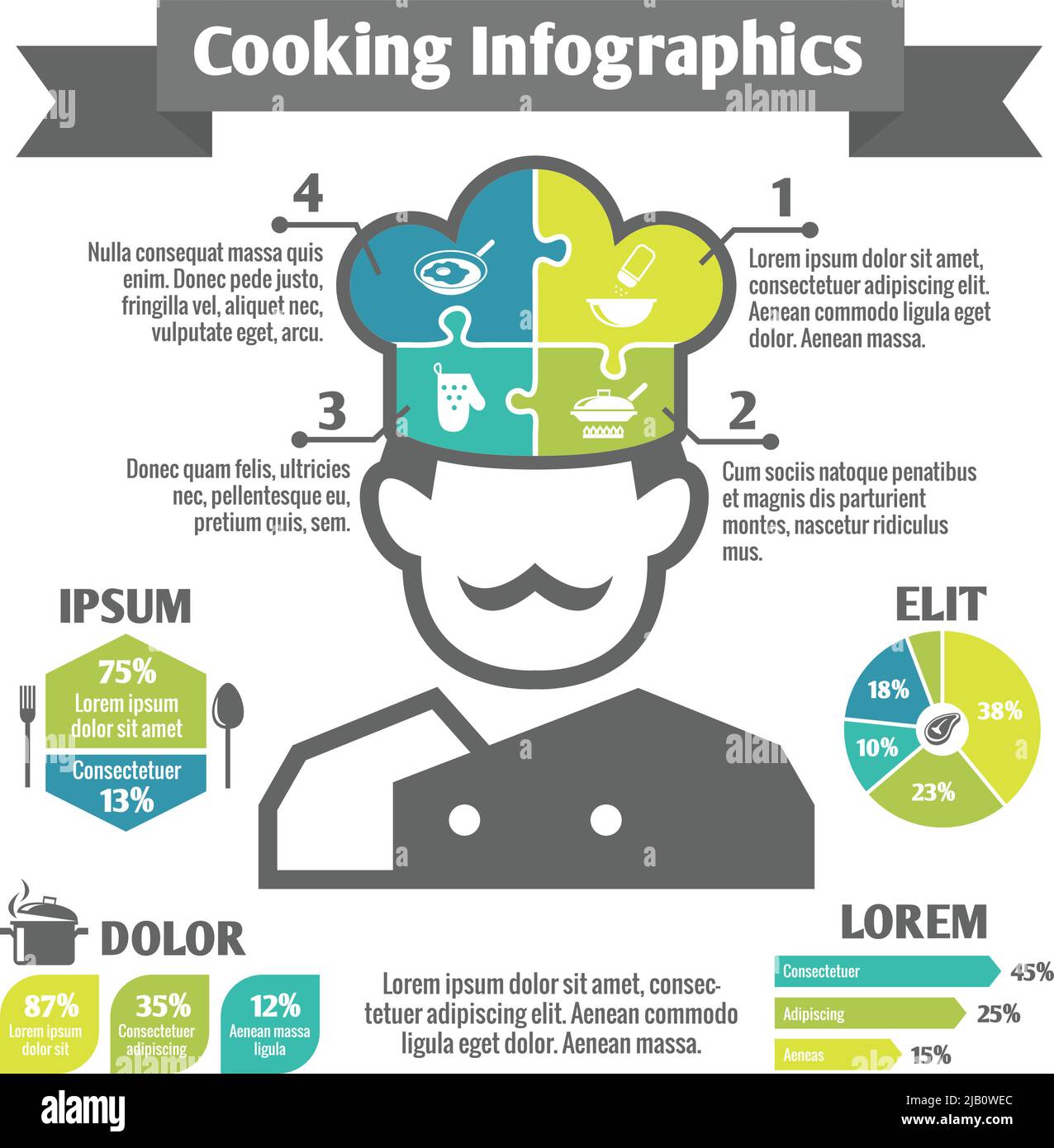 La cottura di cibi della cucina e del ristorante elementi infografico con chef in hat illustrazione vettoriale Illustrazione Vettoriale
