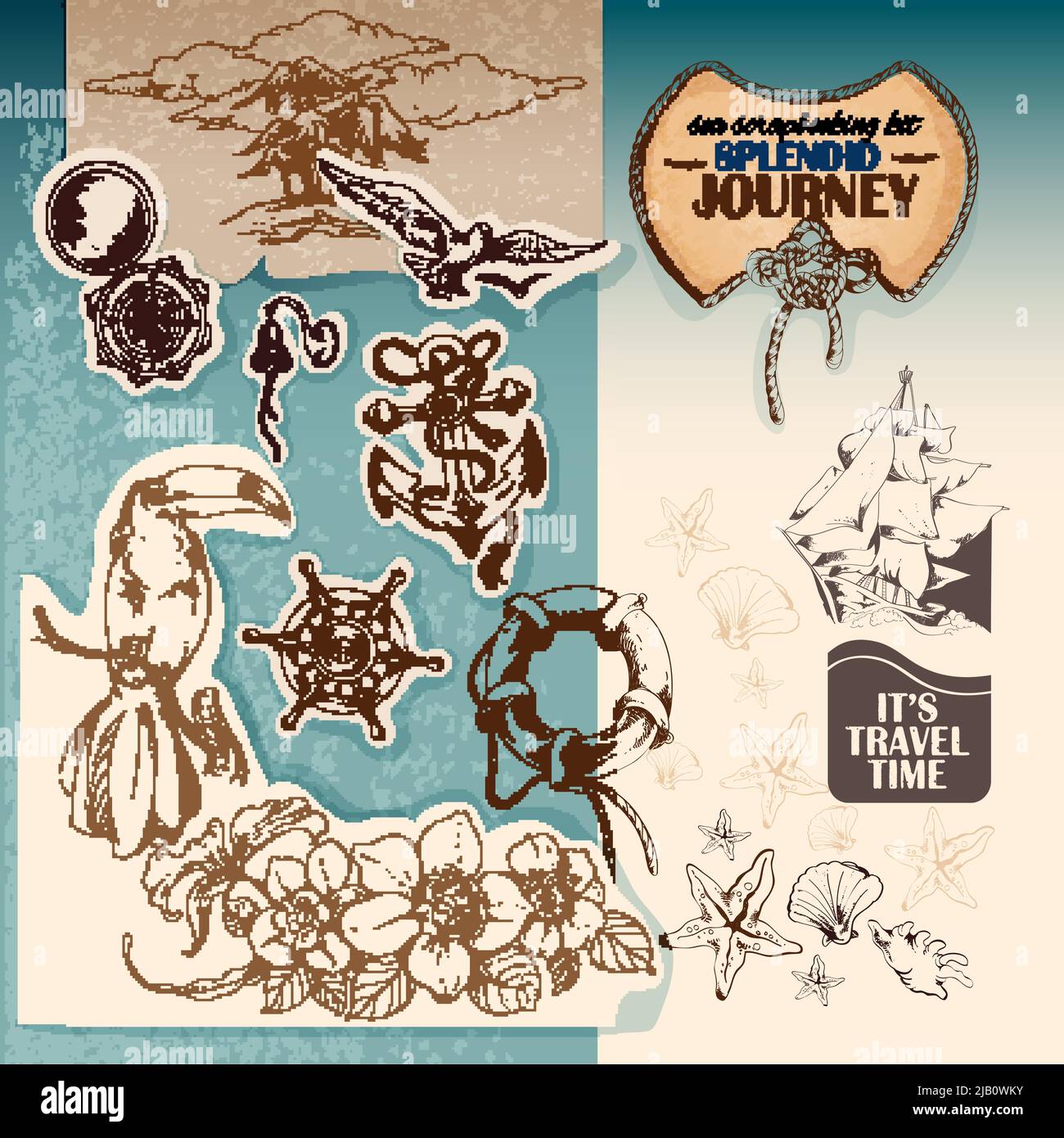 Mare vintage kit scrapbooking di nave a vela anchor seagull stickers illustrazione vettoriale Illustrazione Vettoriale