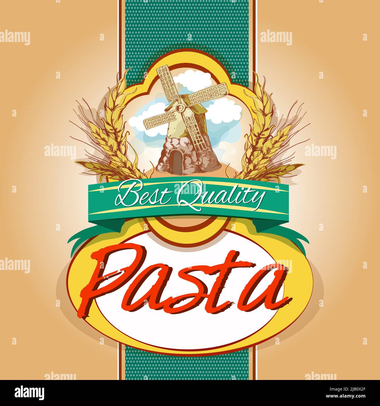 Migliore qualità di gustosa farina di frumento spaghetti pack etichetta con mulino a vento emblema illustrazione vettoriale Illustrazione Vettoriale