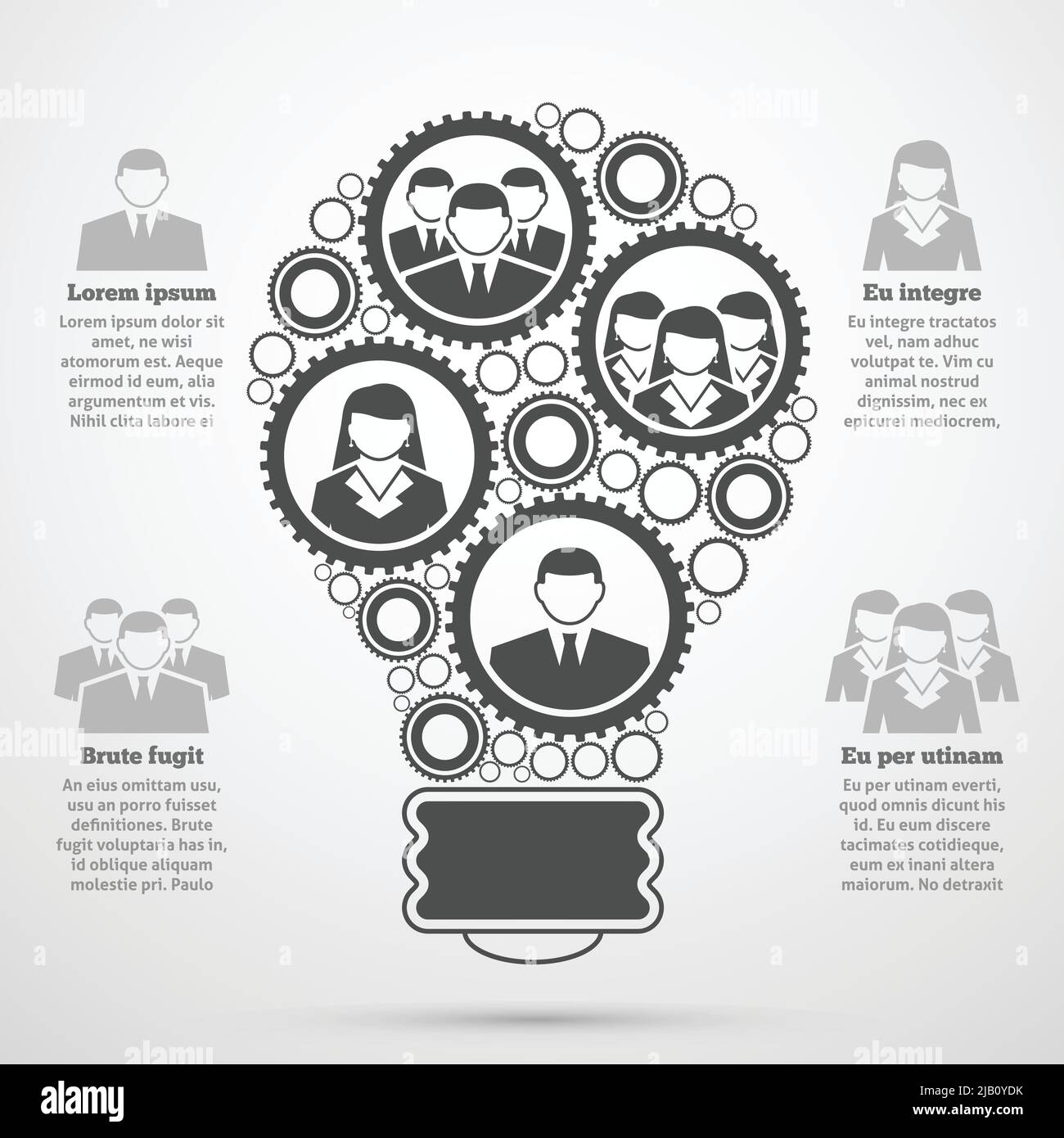 Team di gestione aziendale composizione efficiente uomo donna percentuale diagramma di bulbo infografica presentazione poster nero astratto illustrazione vettoriale Illustrazione Vettoriale