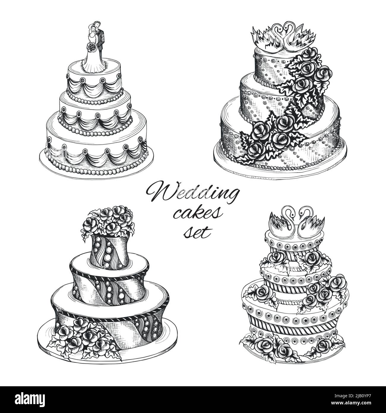 Set di dolce festa di nozze torte con decorazione ghirlanda di fiori a forma di cigno e un paio di isolati illustrazione vettoriale Immagine e Vettoriale - Alamy