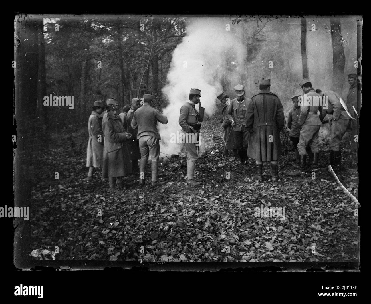 Ufficiali di fanteria e cavalleria della seconda Brigata delle legioni polacche al fuoco, durante una pausa nel trasporto da Bukowina al fronte Volyn. La campagna autunnale delle legioni polacche 1915. Janowski, Stanisław (1866 1942) Foto Stock