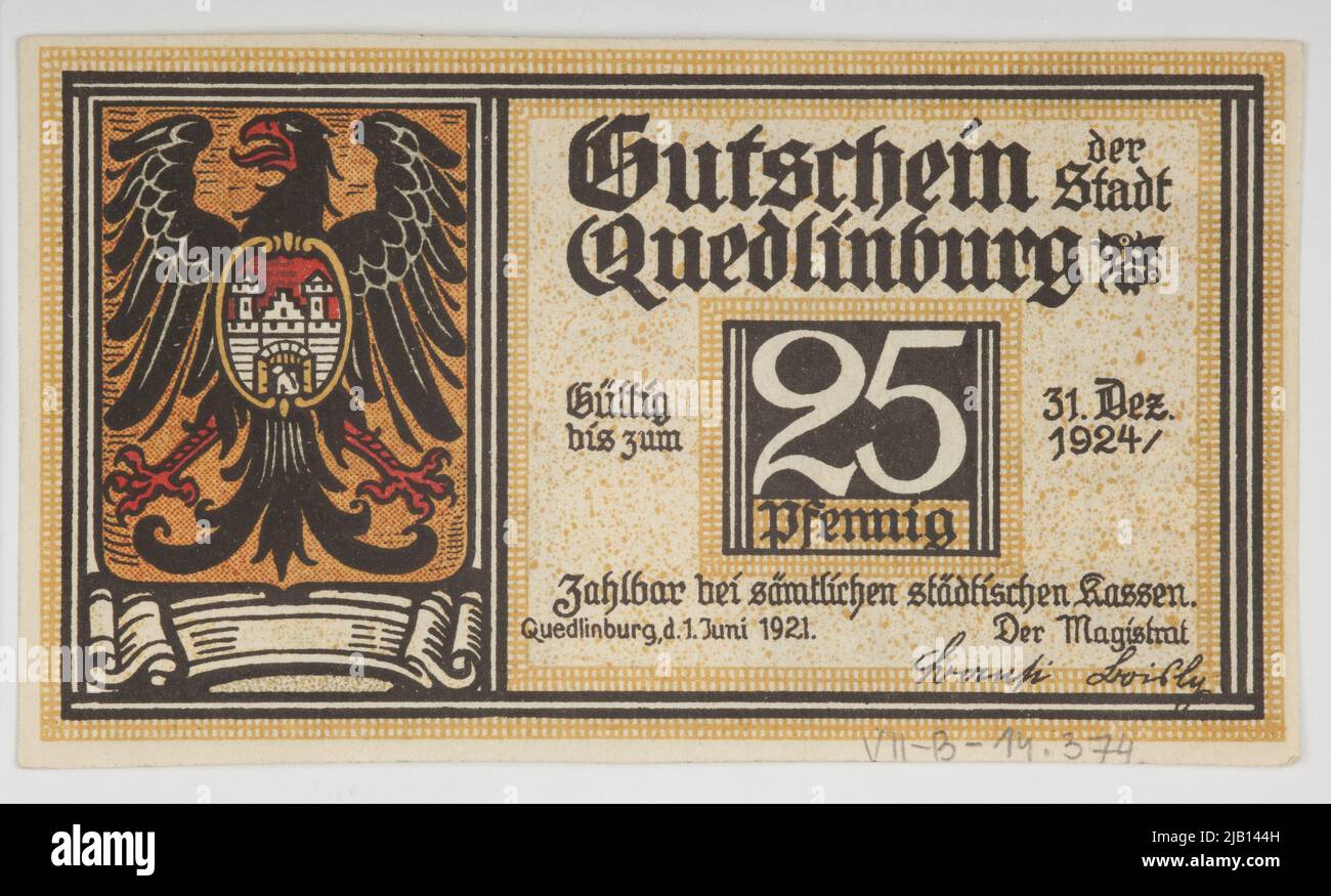 Voucher sostitutivo per 25 Pfennig, Germania, Città, Quedlinburg; 1.06.1921 31.12.1924 Foto Stock