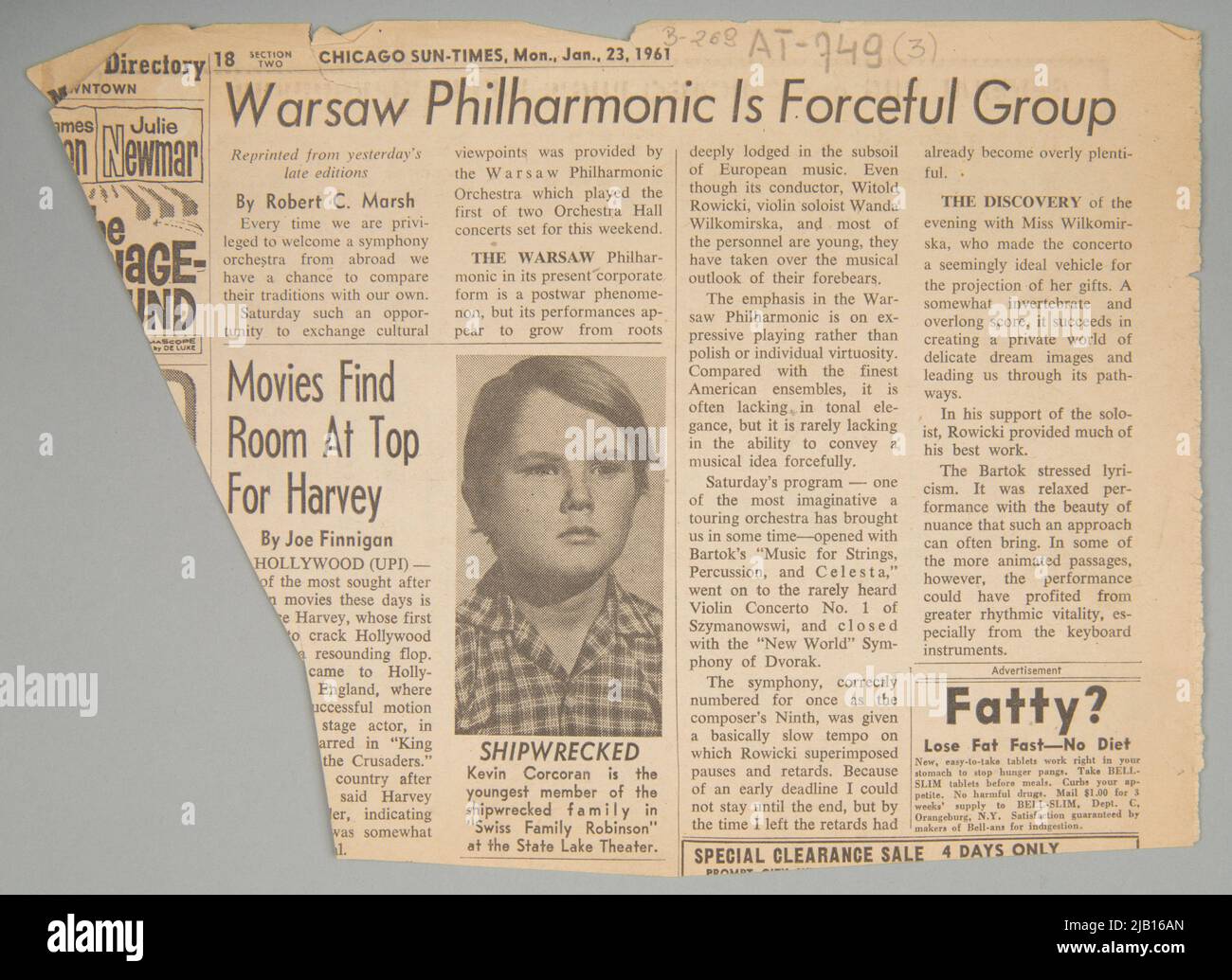 Recensione del concerto della Filarmonica di Varsavia a Carnegie Hall dalla rivista Chicago Sun Times (Aut. C. Marsh) del 23.01.1961. Foto Stock