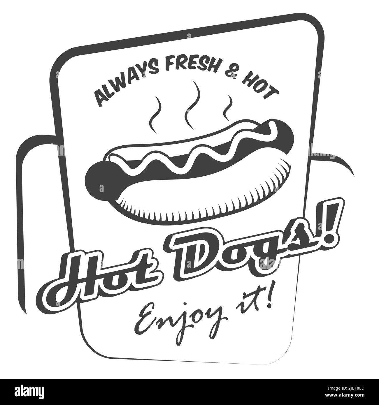 Disegno hot dog fresco fast food Godetevi in bianco e nero poster template illustrazione vettoriale Illustrazione Vettoriale