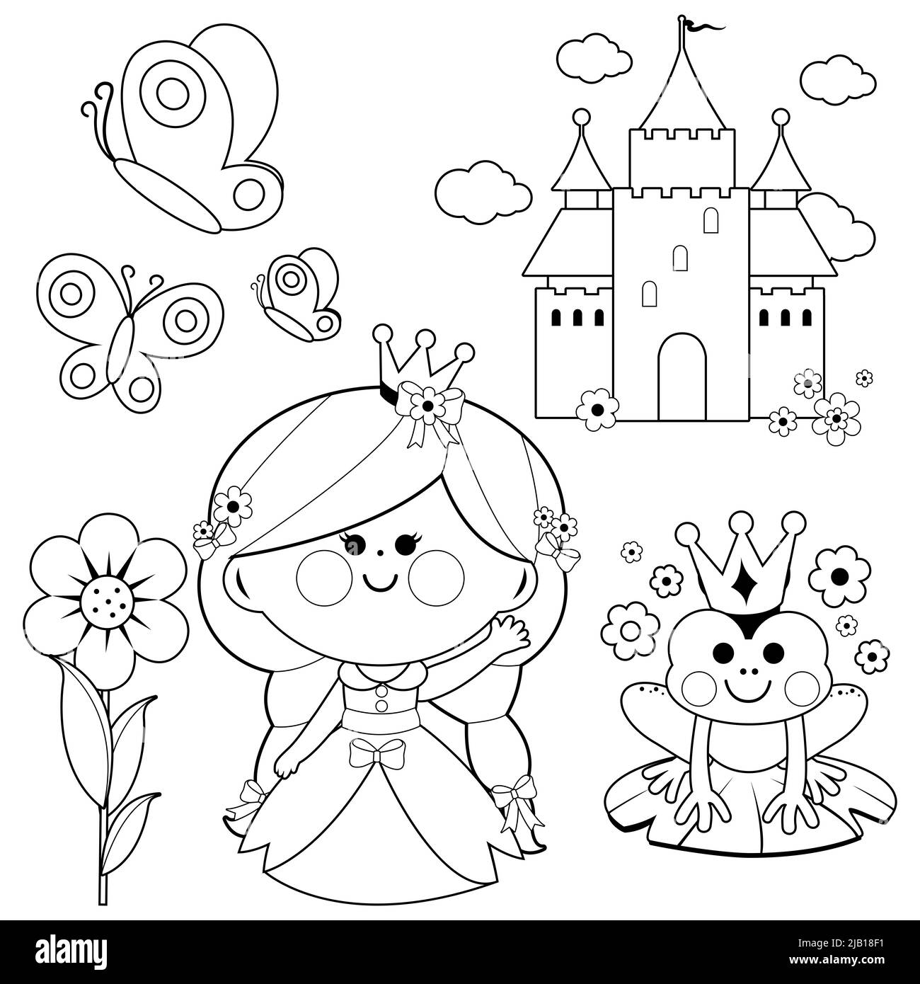 Bella principessa che tiene fiori di primavera, unicorno, una rana magica, castello e farfalle. Pagina da colorare in bianco e nero Foto Stock