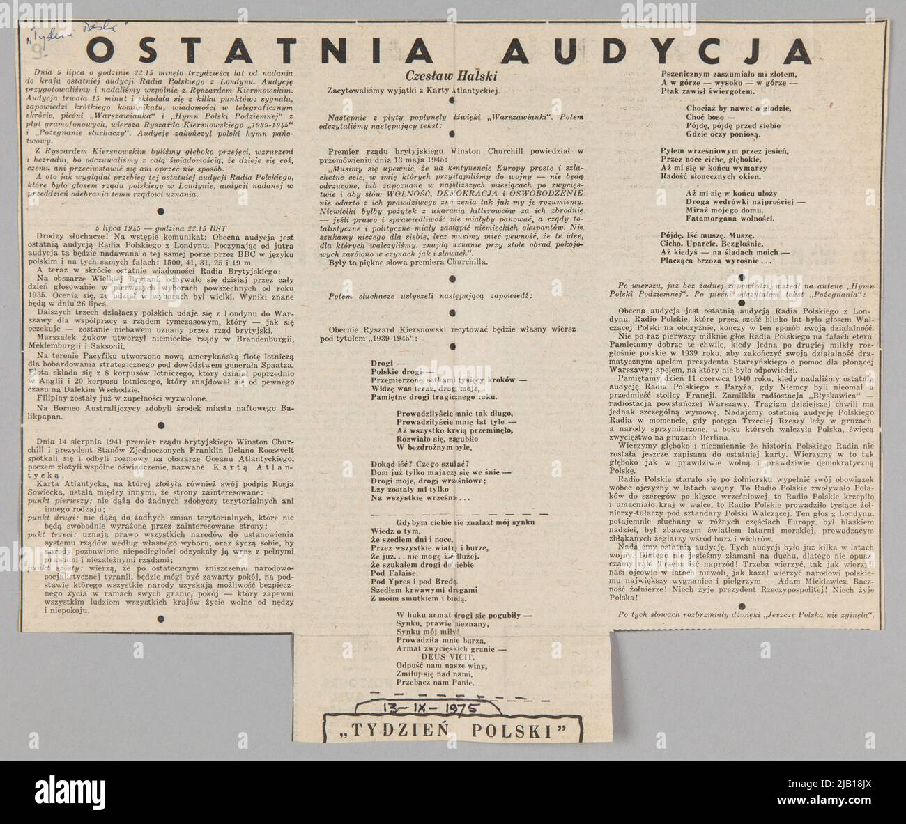 Ritagli della stampa polacca in Inghilterra articolo della settimana polacca ultima trasmissione 13.09.1975 Halski, Czesław Foto Stock