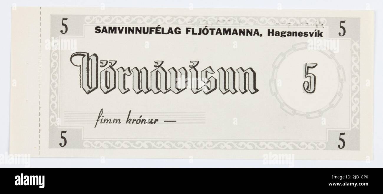 Kupon bon na 5 kroner; Islandia, Samvinnufelag Fljótamanna, Haganesvik; B.R. (lata 60, xx w.) Foto Stock