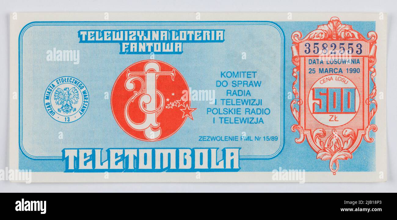 Destino per un 500 zloty della lotteria della televisione di Telebola; radio e Comitato della televisione Polish radio e televisione; 25 marzo 1990 Foto Stock