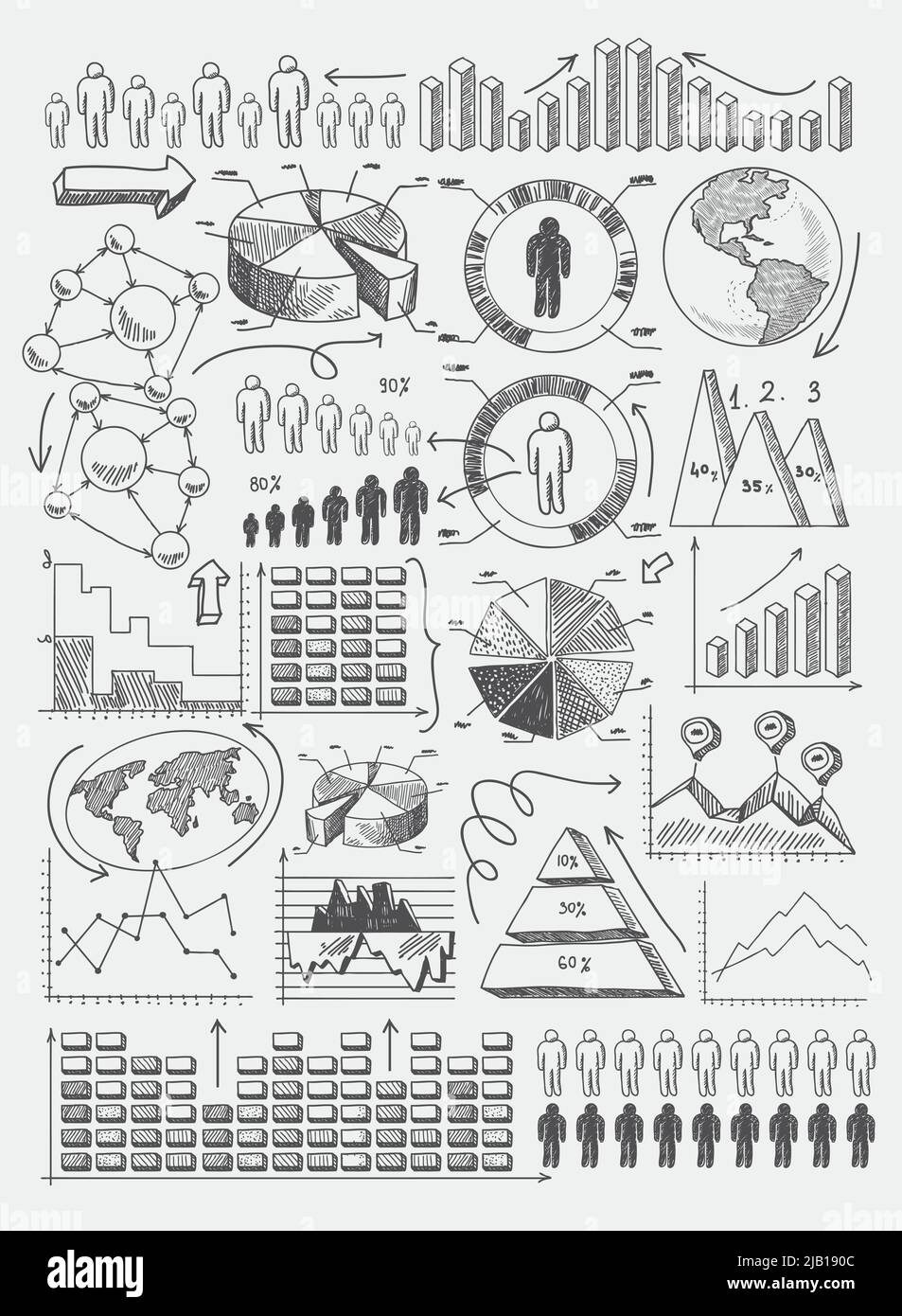 Diagrammi di schizzo grafici a barre a punti grafici a torta infografiche Imposta illustrazione vettoriale doodle Illustrazione Vettoriale