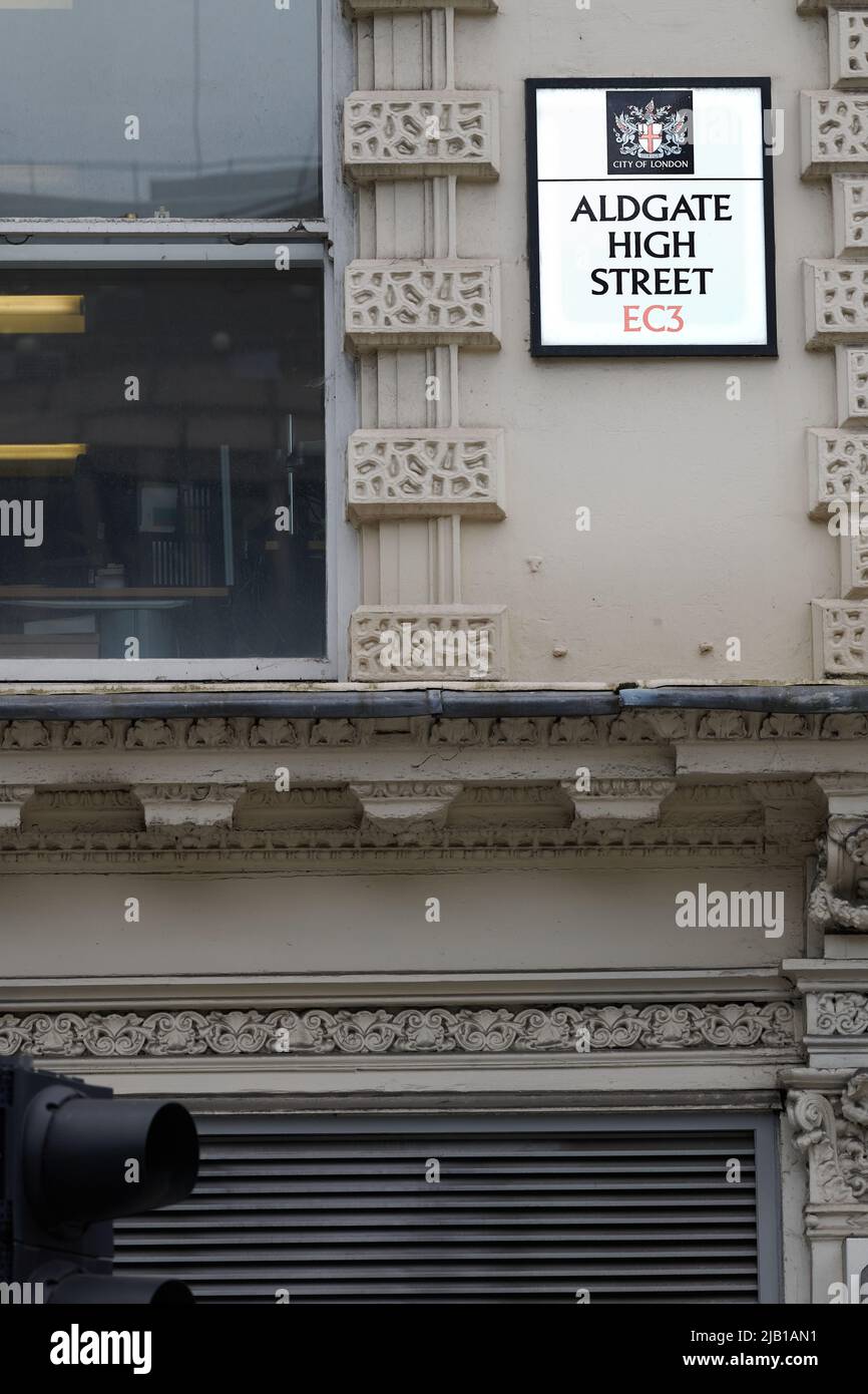 Segnaletica stradale per Aldgate High Street, Londra, EC3, Inghilterra. Foto Stock