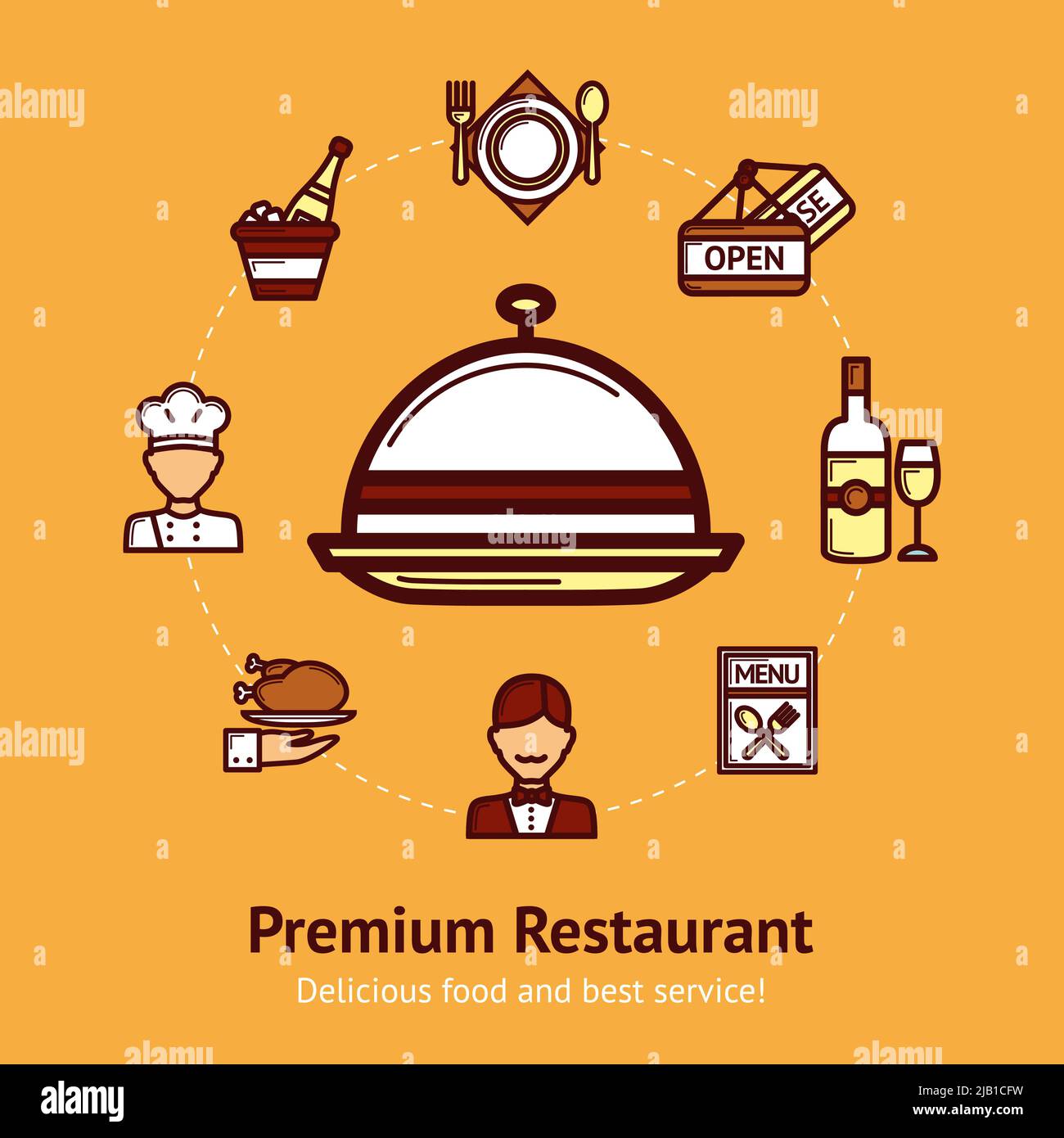 Il concetto di ristorante Premium con le icone di cibo e utensili da cucina impostano l'illustrazione vettoriale Illustrazione Vettoriale