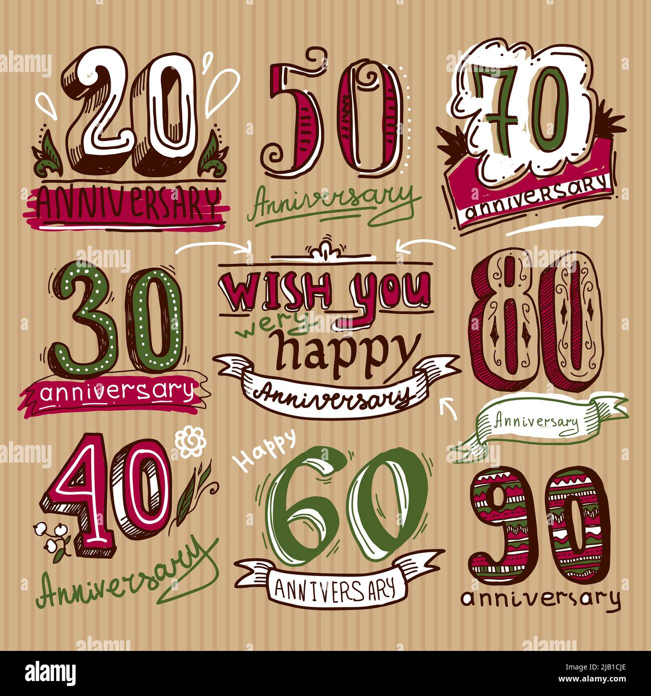 Anniversario cerimonia di celebrazione congratulazioni schizzo segni colorati collezione insieme isolato vettore illustrazione Illustrazione Vettoriale