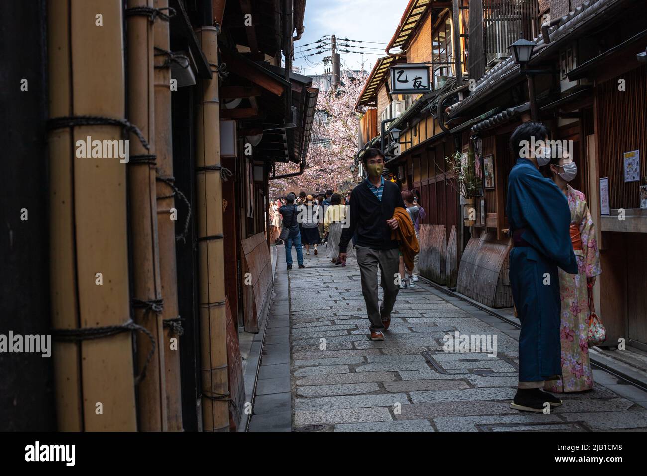 Ponte Tatsumi-bashi con fiore di ciliegio Sakura nella stagione primaverile. Tatsumi Bashi è il luogo più bello e iconico di Gion. Ci sono turisti indossare Kimono Foto Stock