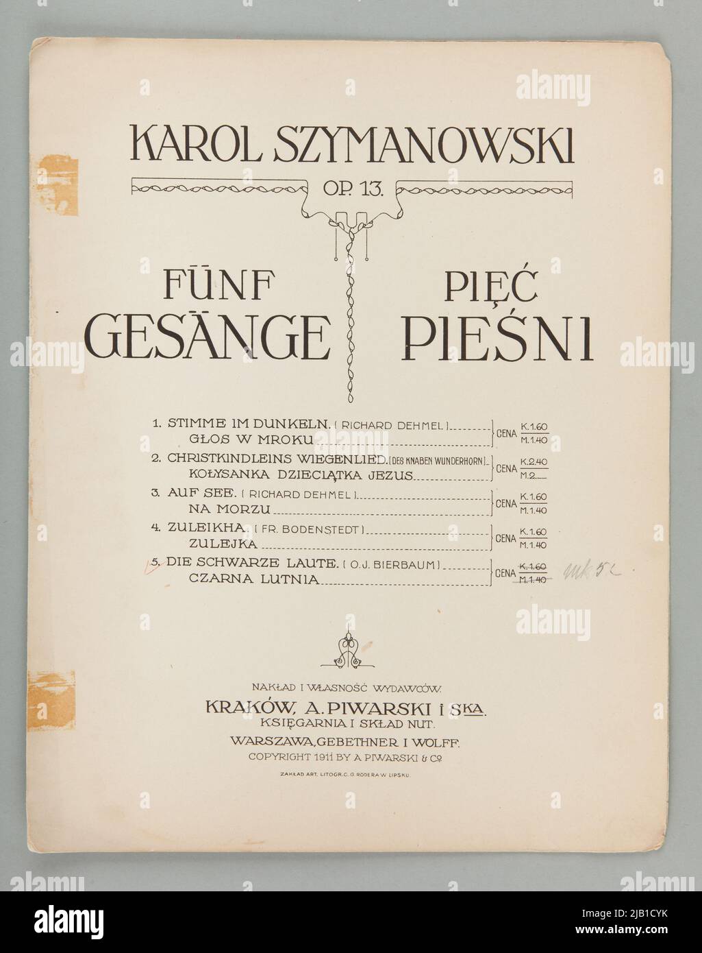 Note cinque canzoni da op. 13 Szymanowski, Karol (1882 1937) Foto Stock