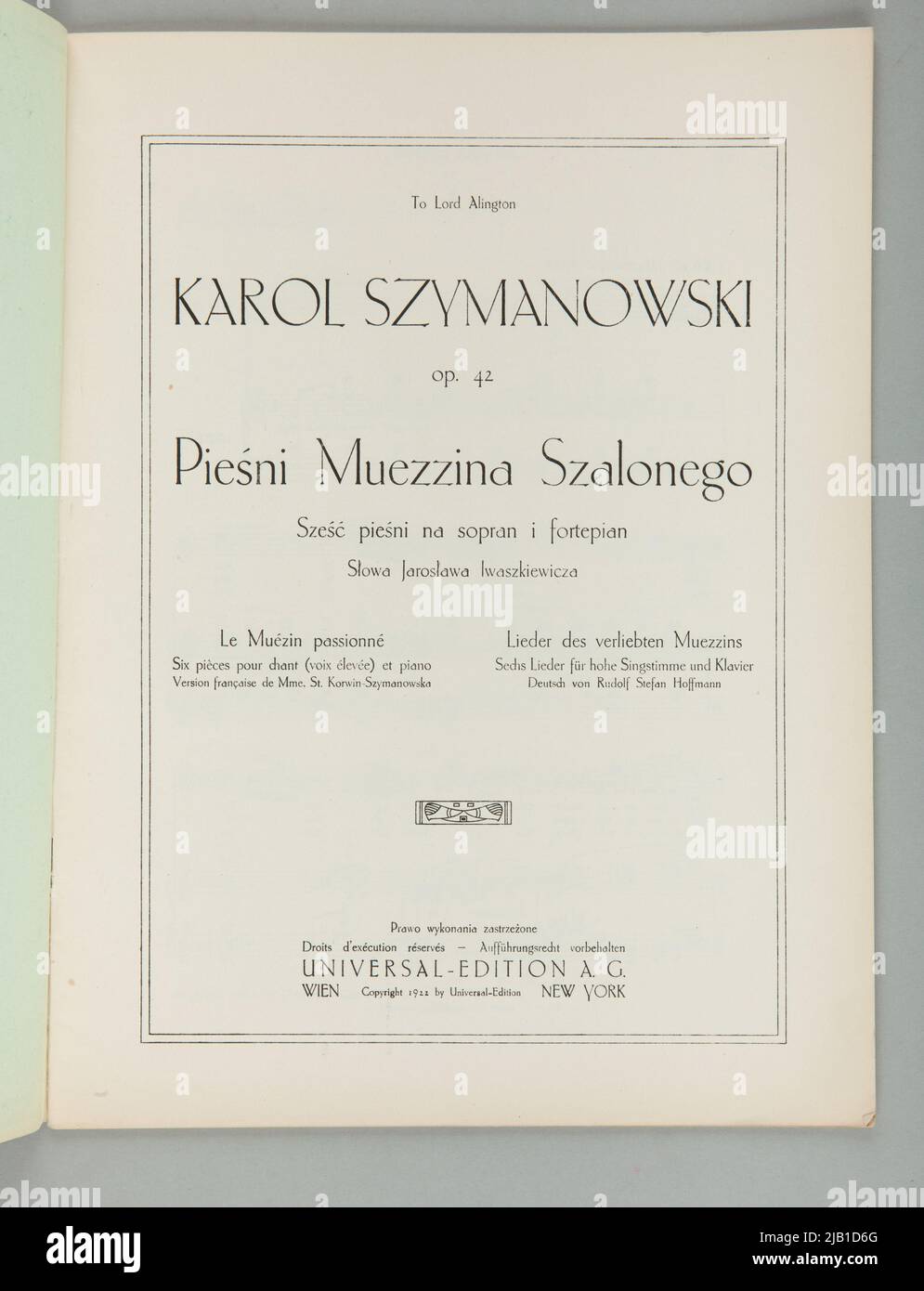 Note canzoni di Crazy Muzzein op. 42 sei canzoni per soprano e pianoforte con le parole di Jarosław Iwaszkiewicz Szymanowski, Karol (1882 1937) Foto Stock