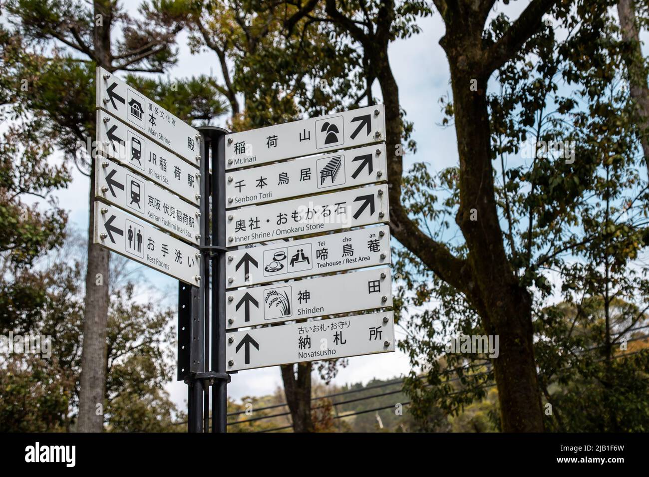 Kyoto, GIAPPONE - Apr 2 2021 : il segno di direzione giapponese di Fushimi Inari-taisha, si trova alla base di un Inariyama a Fushimi-ku, su un sentiero di montagna Foto Stock