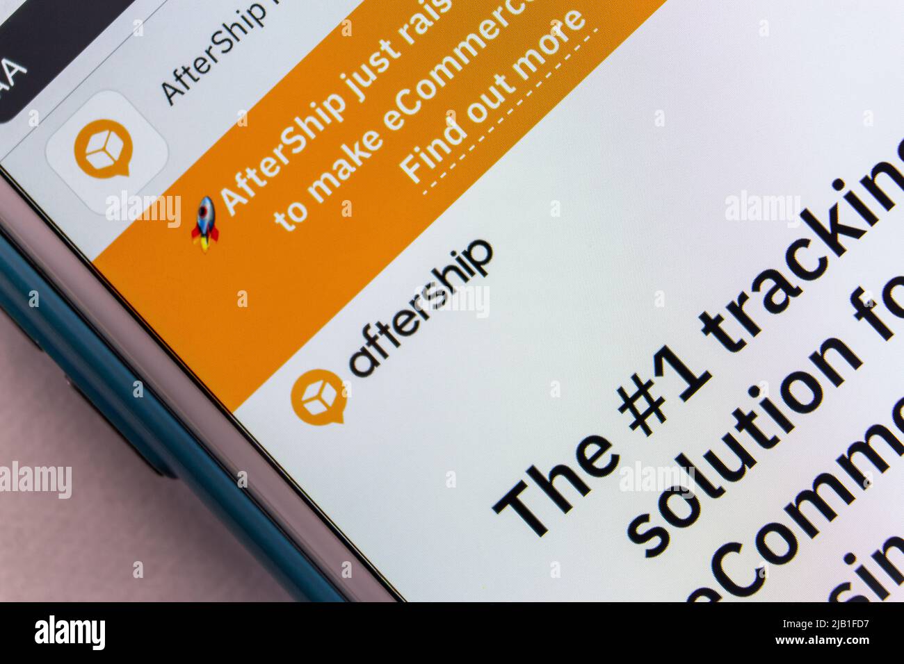 Logo di AfterShip, una startup di Hong Kong fornisce il tracciamento delle spedizioni con SaaS, sul suo sito web. Supporta oltre 600 servizi di spedizione inclusi UPS, FedEx e DHL Foto Stock