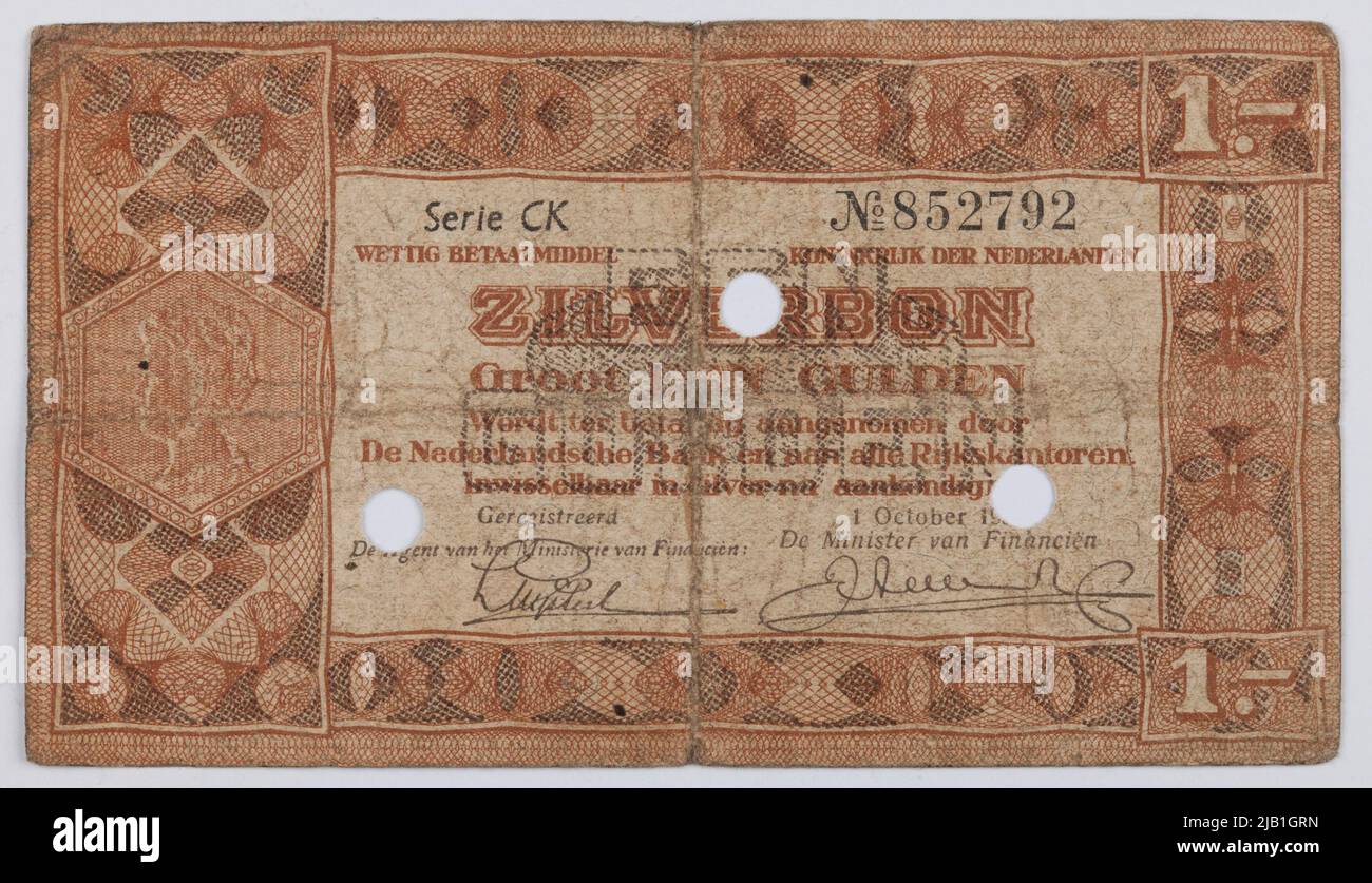 Banknot dopo 1 Guilder, Zilverbon, Holandia, 01.10.1938 r. Wilhelmina (1890 1948) Foto Stock