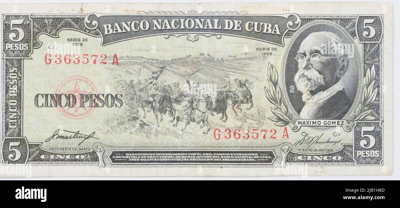 Banknot: Na 5 pesos; Kuba; 1958 r. Thomas de la Rue & Co LD Londra Foto Stock